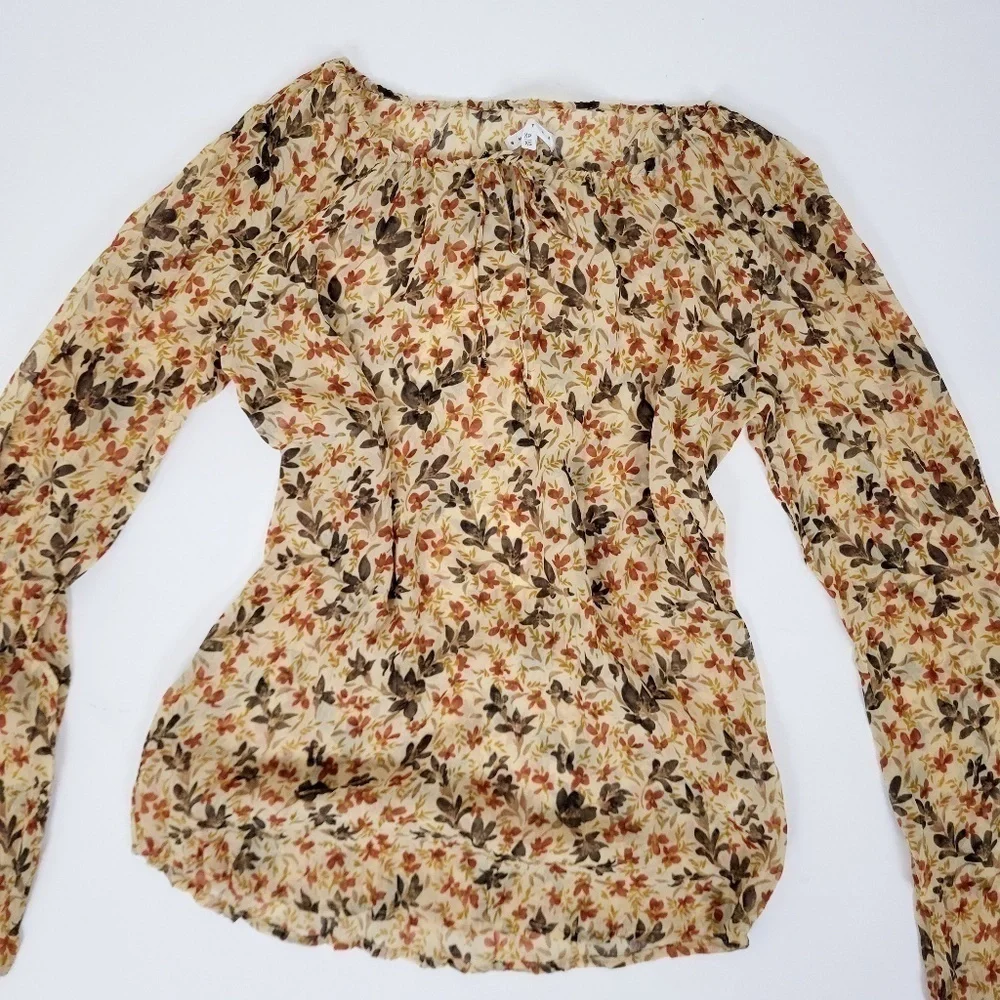 Y2K Long Sleeve Sheer Floral Blouse Size XS Tan Milkmaid - Picture 8 of 13